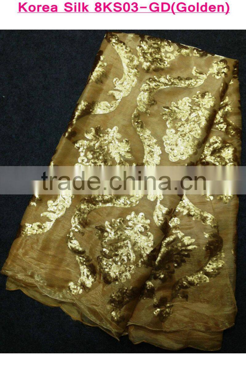 New arrival soft golden embroidery Korea silk lace fabrics with sequins