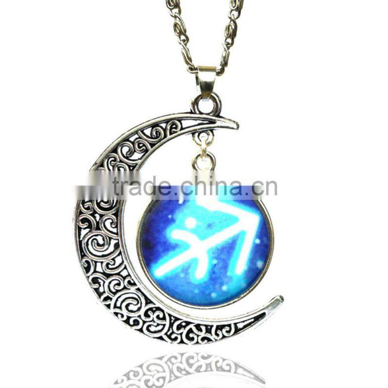 Glass Gemstone Zodiac Sign Pendant Chain Necklace Womens Jewelry
