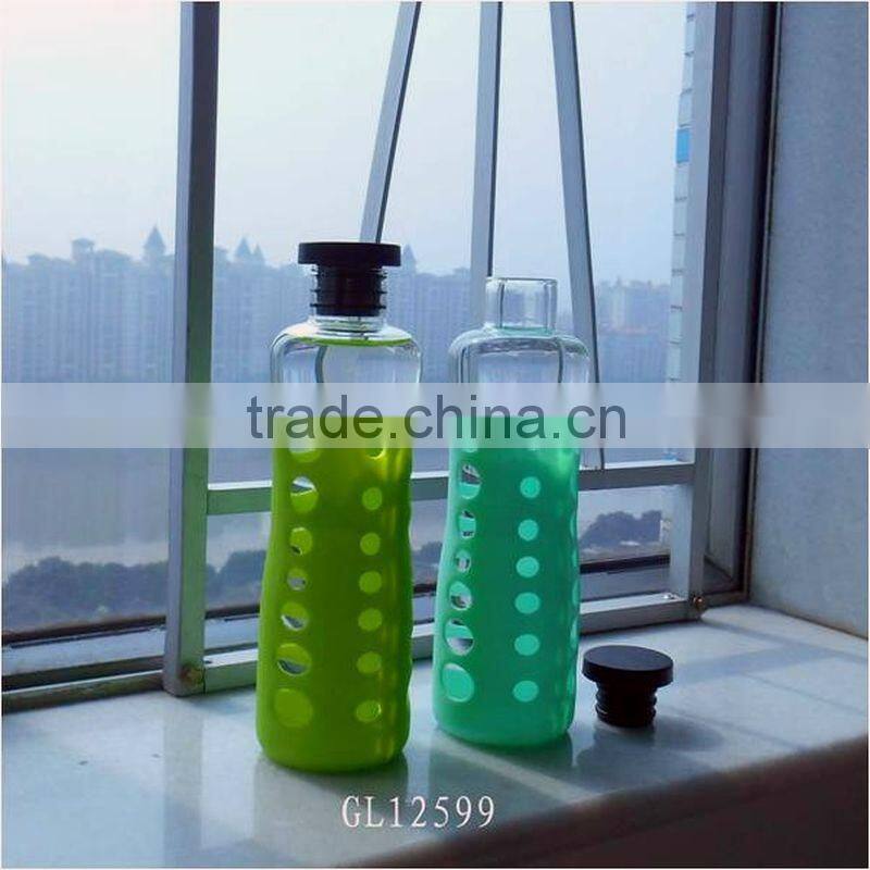 wide top opening silicone lid pyrex glass drinking bottle