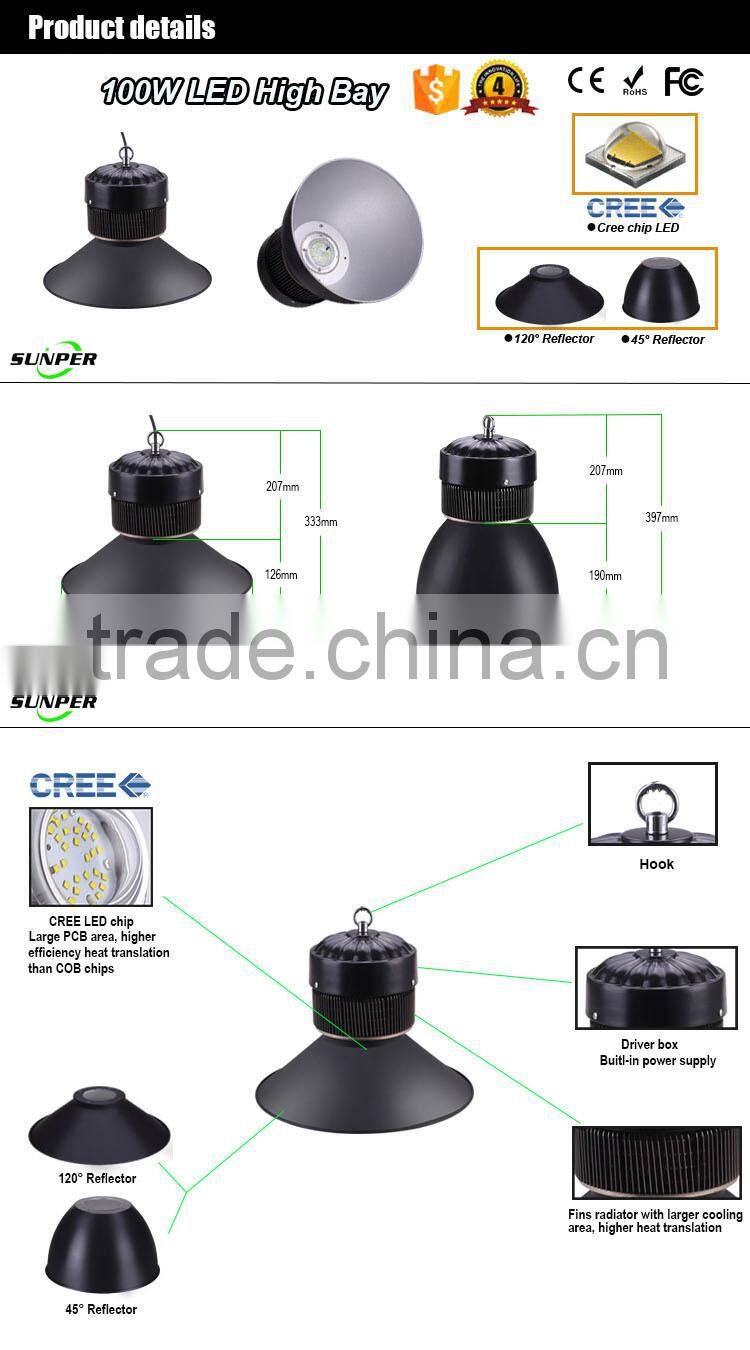 100w Aluminum wall mounted highbay industial lighting, led high bay light with pipe cooling fins