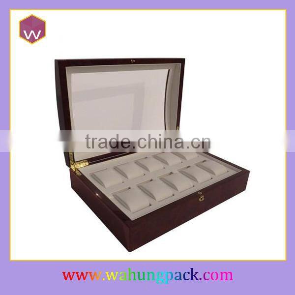 Brown Lacquer Wooden Watch Display Case With10 Velvet Pillows