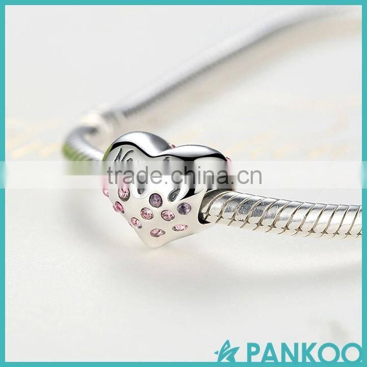 925 Sterling Silver NICE Naughty Word Heart Beads Charms with Pink Crystal for DIY Jewelry Making Baby Gift