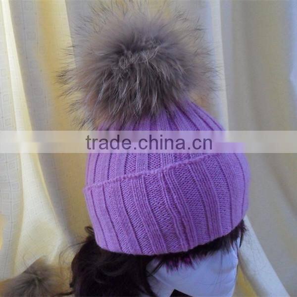 2016/2017 High Quality Winter Knitted Colorful Wool Beanie Hats with Raccoon Fur Pom poms