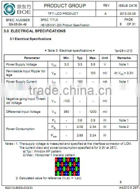 12.5 Inch colour TFT LCD with LCD backlight/Anti-glare surface HB125WX1-200 Monitors
