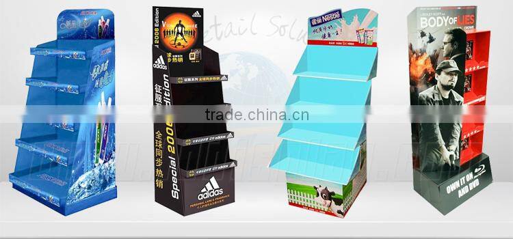 pos display for promation in store ,pos 3 tier store retail paper display stand ,popcorn store displays for advertising