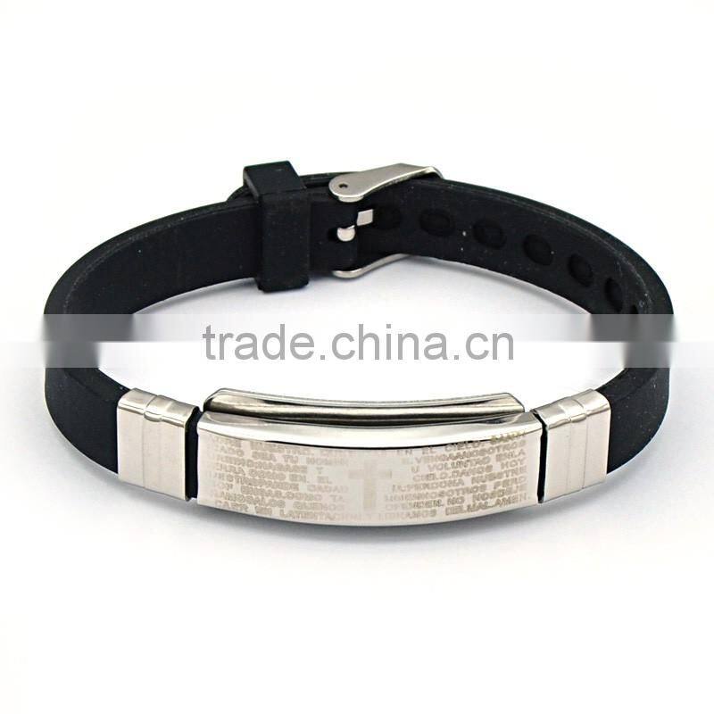 Popular Laser lettering bracelet stainless steel religious bangle black silicone bracelet