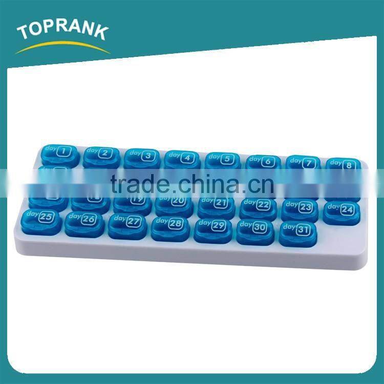 Toprank Factory Supply Portable Plastic Medicine Pill Storage Organizer 31 Day Monthly Pill Box With Pop-out Compartment Pods