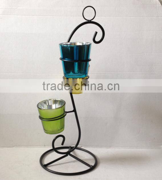 2016 new design acid etch glass candle holder set with metal stand