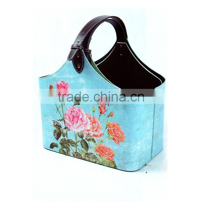 Flower Print Faux Leather Buckle Handle Magazine Newspaper Basket/holder