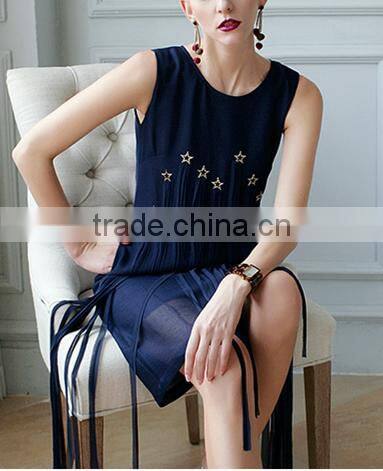 fashion clothing OEM star detailing sleeveless midi women tassels dress