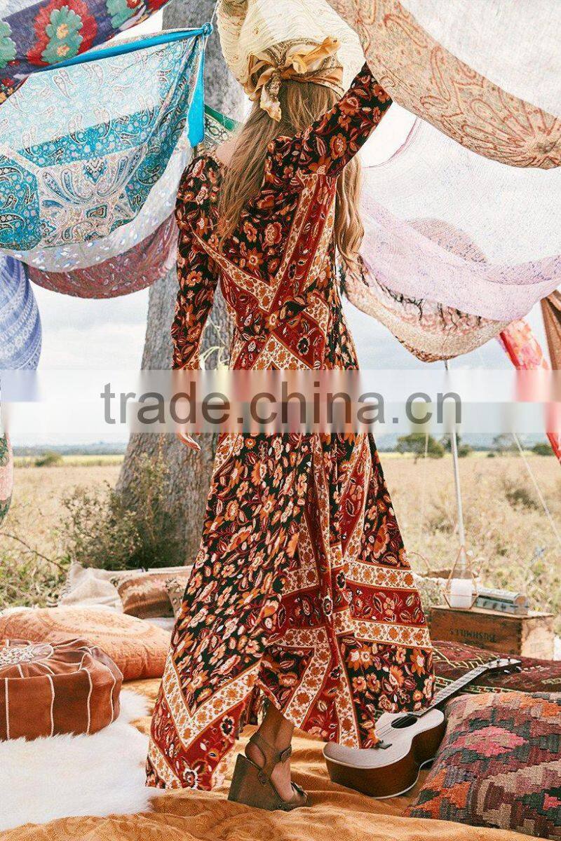 Bohemian Front Button Down Vintage Long Sleeve One Piece Maxi Dress HSd5170