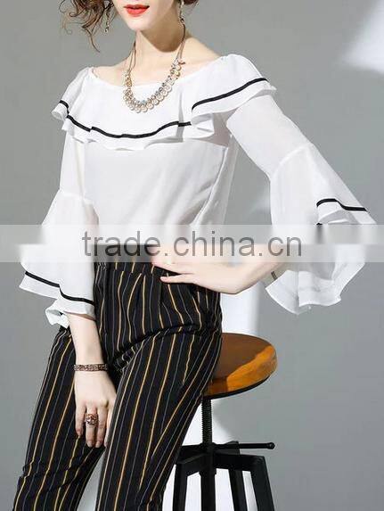 2017 wholesale summer women big round neck ruffle sleeve fashion chiffon blouse