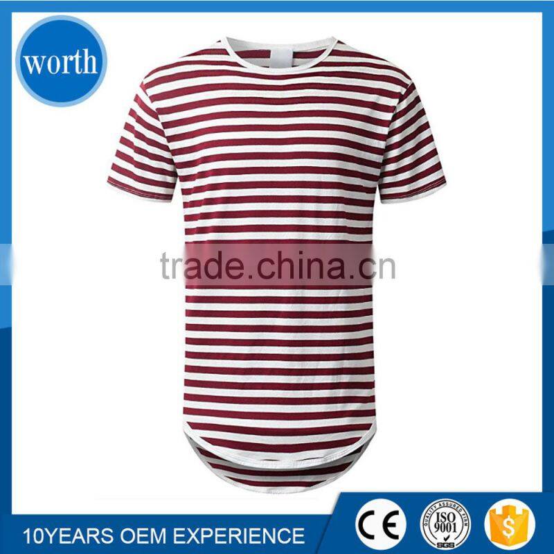 Long T shirt Men Blank Pattern with Fashion Red Stripe and Round Hem