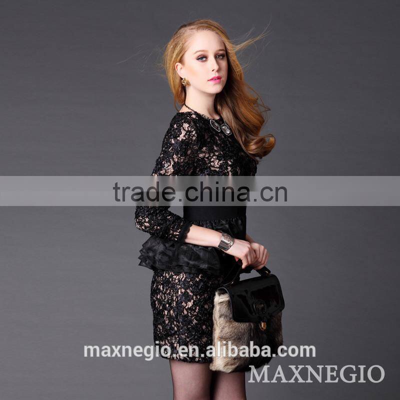 hot sale above knee Mini 3/4 sleeve hot girl sexy club black lace gold sequin sexy prom dress