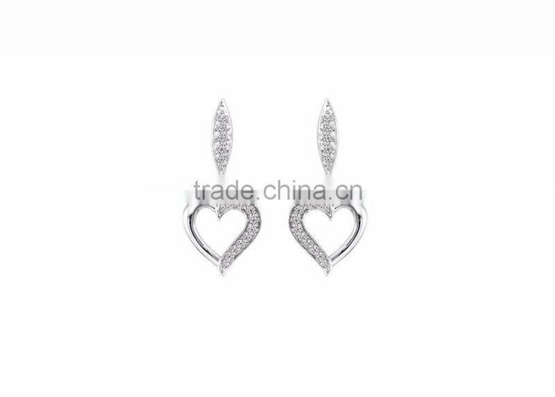 Silver Plated Long CZ Studded Heart Earrings