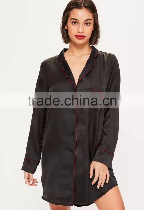 Floral Embroidered Bridal Shirt Sleepwear Black Satin Sleep Shirt Piping Button Longline Shirt Pyjamas With Curved Hem