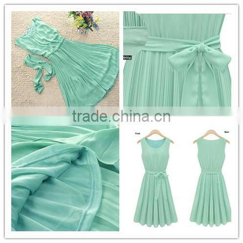 2016 Latest Designs women gender Summer Mint green Sleeveless Round neck women dress pleated Chiffon Vest dress for women