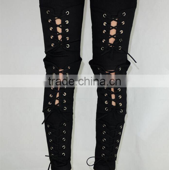 M1192 Runwaylover hollow cross bandage tight pants autumn demin pants