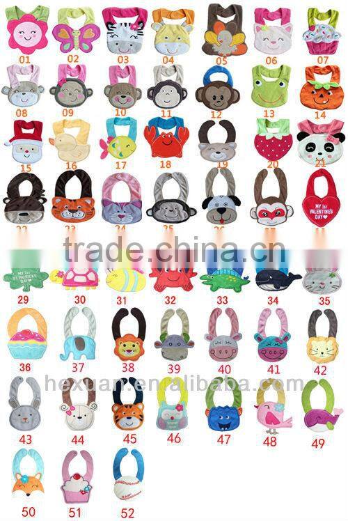 61 New designs stocked or OEM, Cotton Lovely Cartoon Animal Baby Bibs
