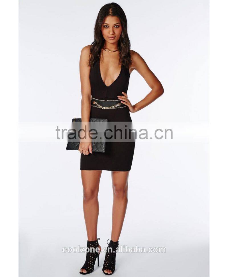 Sexy deep plunge neck bodycon fit dress designer one piece party dress