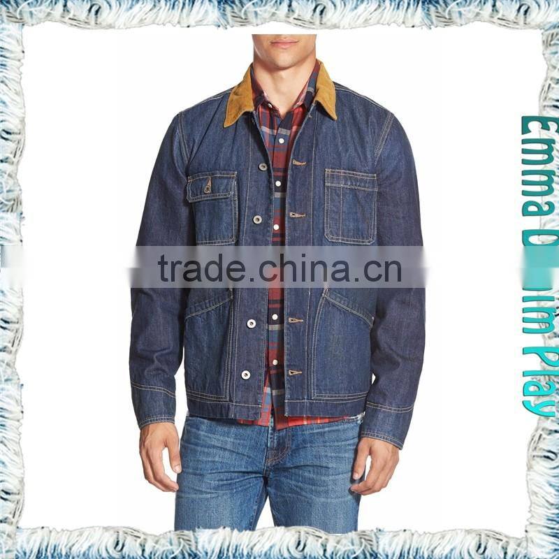 Fashion Dark Blue Male Suede Collar Short Denim Jacket