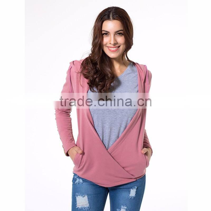 Stylish Street Wear Women Pink Plunge Wrap Front Long Sleeve Hoodie