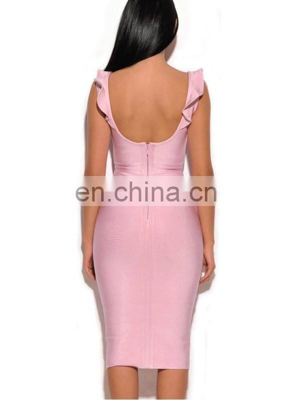 Amigo 2017 new style sleeveless Lotus leaf collar backless sexy bandage dress midi evening dresses for women party wear