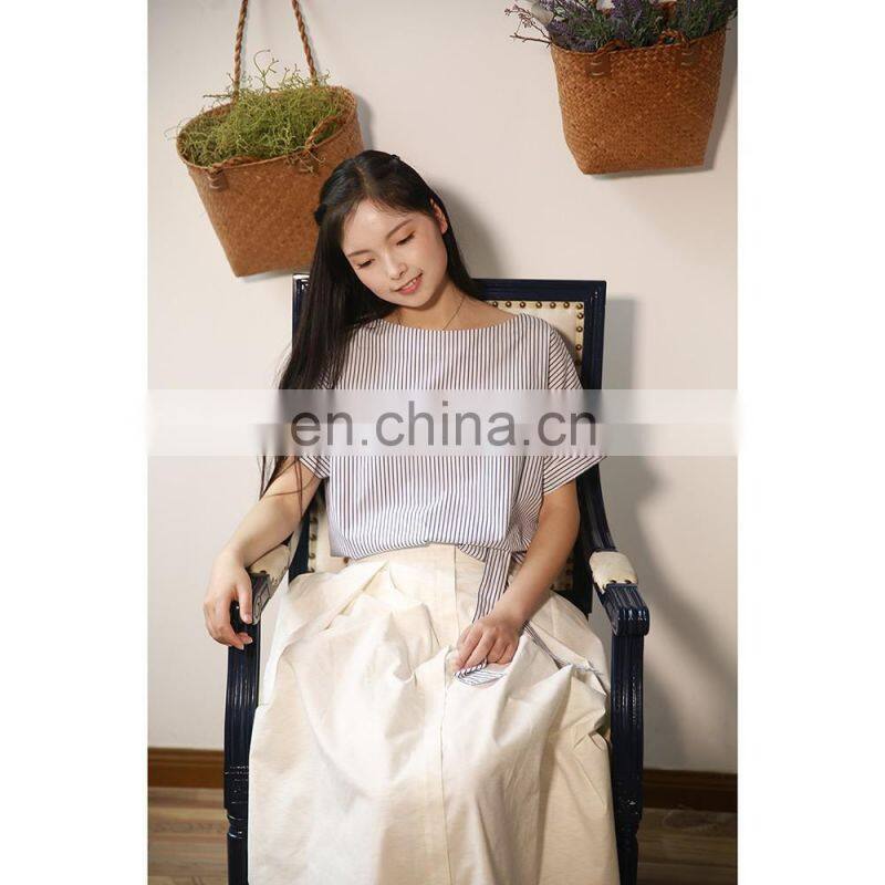 Blue Stripes O-Neck 100% Cotton Elegant Lady's Shirt With Belt