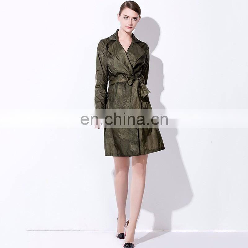 wholesale women clothing spring wear fashion lapel waist tie long sleeves jacquard cloth overknee trench coat
