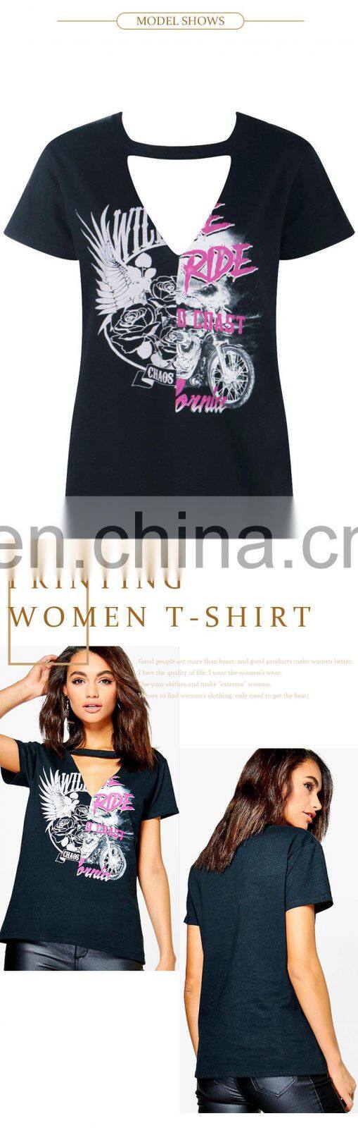 custom black casual women v neck short sleeve printed t shirt