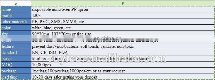 disposable PP apron for food processing/handling