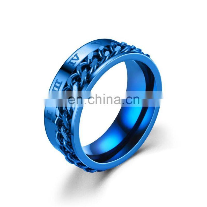 Rotatable Curb Chain Ring for Men 8mm Stainless Steel Roman Numeral Band Male Punk Jewelry Rings