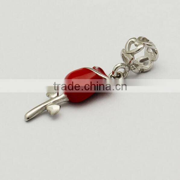 Valentines' Day 925 sterling silver rose dangle charms red enameled for DIY European bracelet jewelry