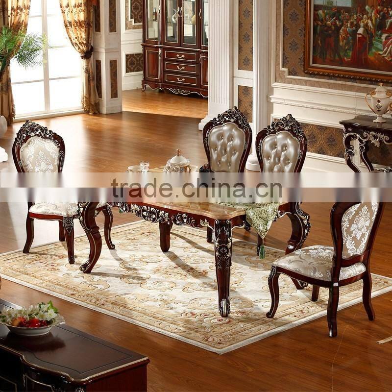 Luxury Classical Royal Baroque French Style Traditional Carved Wooden Antique Gold Silver Stroke Dark Brown Dining Room Set