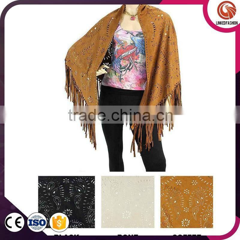 2016 New fashionable tassel promotional suede poncho