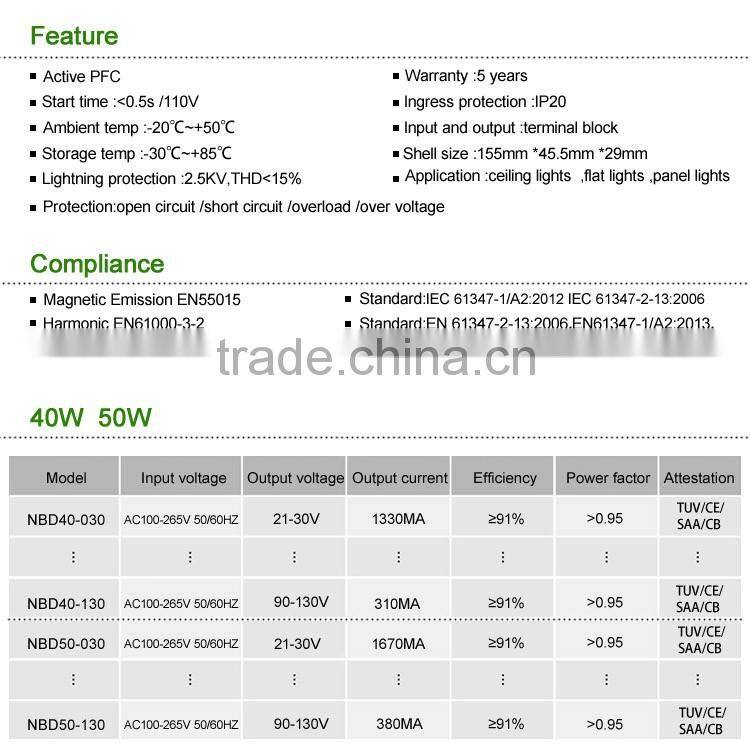 60W 1200ma CC power supply for panel and down light with TUV CE SAA approved