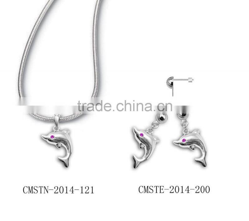 2016 Coolman Jewelry Premier Design Dolphin Style 316L S.S Material Crystal Setting Jewelry Sets with Necklace and Earrings