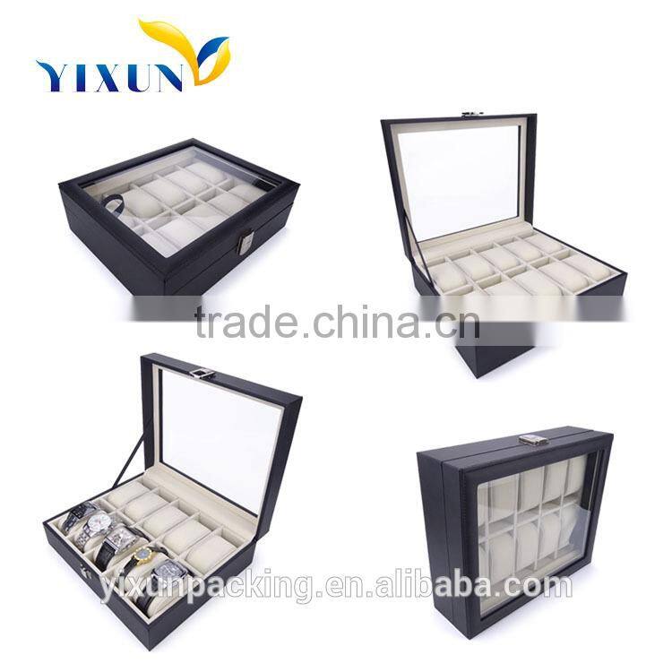 12 slots black rustic pu leather wrist watch storage box