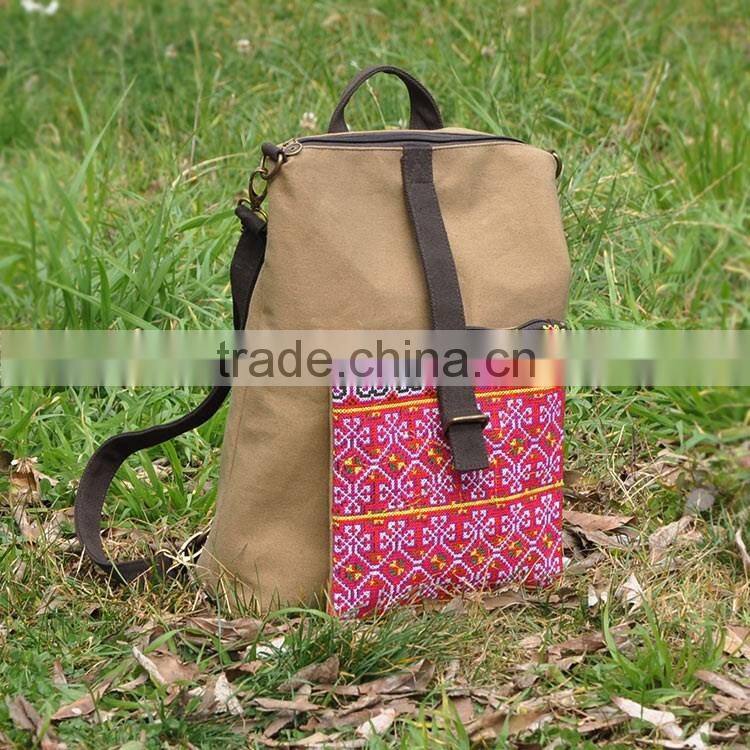 China alibaba jx brand backpack with pocket bag,custom canvas backpack, canvas and ethnic embroidery backpack