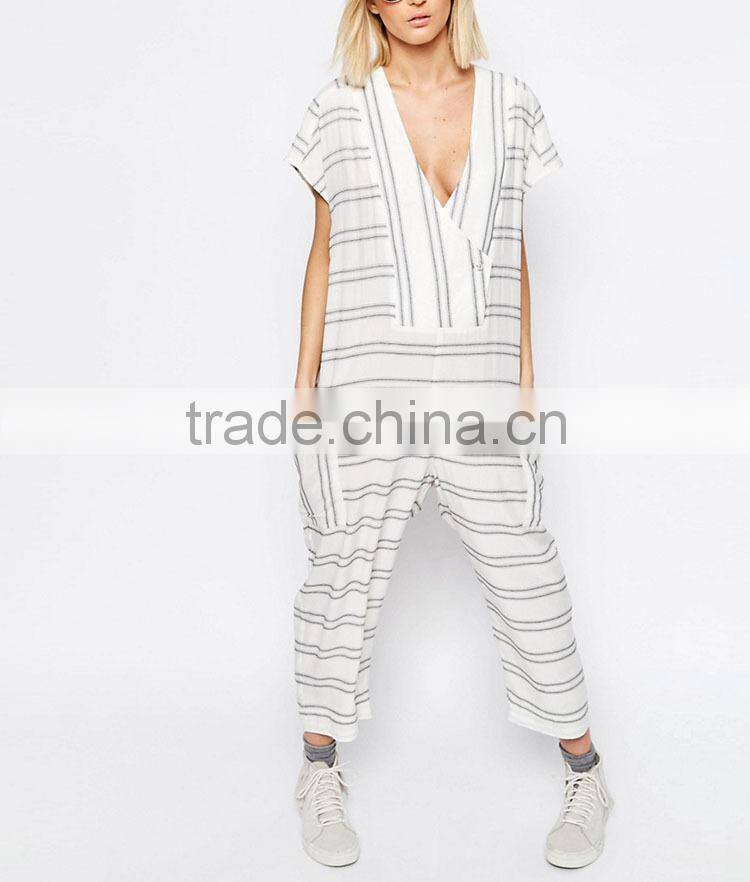 Trade Assurance onling shopping plunge neck sexy 2016 new striped jumpsuit for ladies