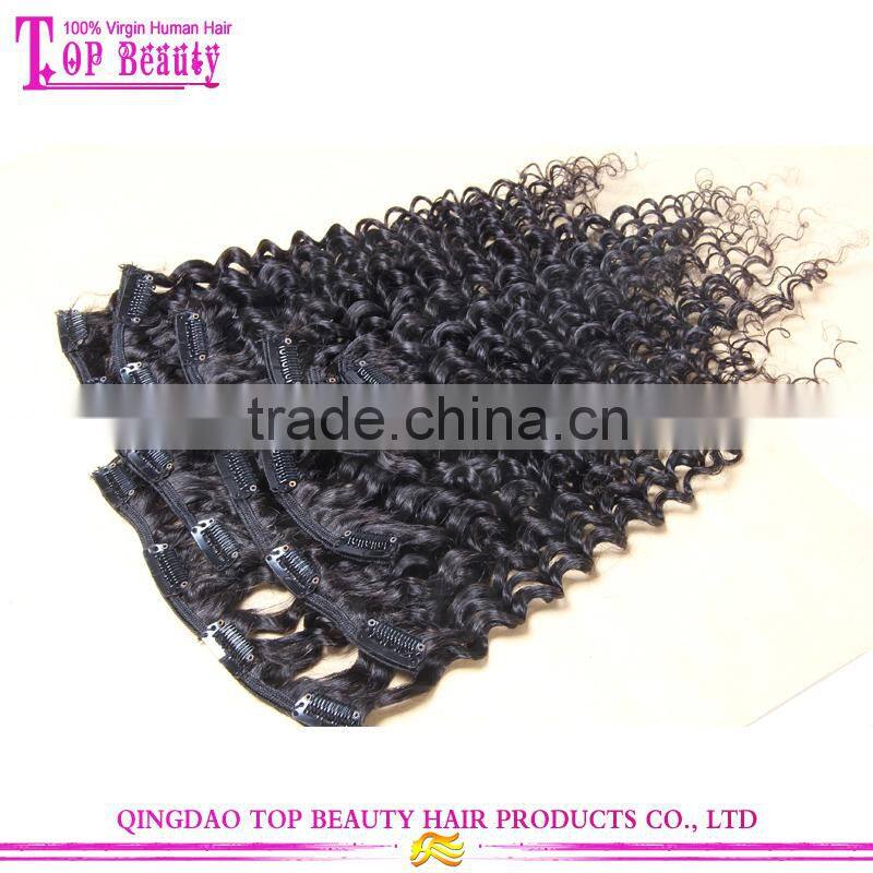 Wholesale unprocessed high quality 100% virgin indian deep curly hair clip in extensions