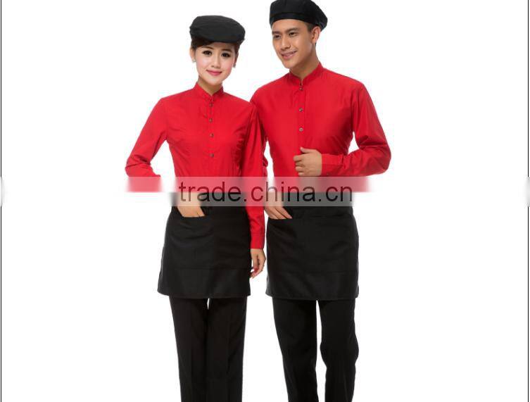 Custom made dark red shirt and black pant /apron Chef Uniforms restaurant waiter long sleeve work sets