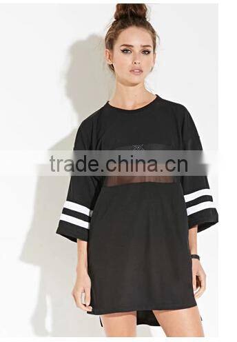 Guangzhou Factory Supplier Mesh Insert Loose Boyfriend women long jersey tops with Stripe Sleeve