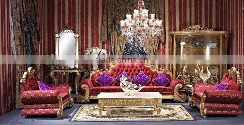 2017 Fancy Top Grain Genuine Leather Living Room Furniture Sofa Set/Spanish Style Hand Carved Living Room Sofa (MOQ=1 Set)