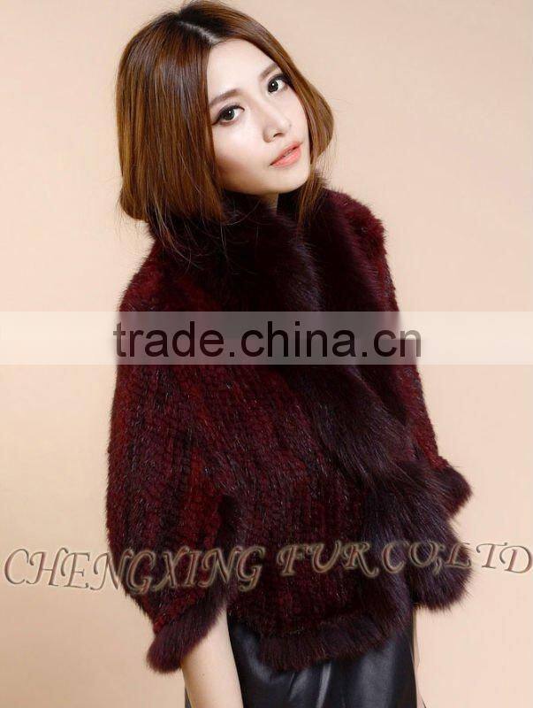 CX-B-M-41C Mink Fur Knitted Ladies Shawl With Fox Fur Trim