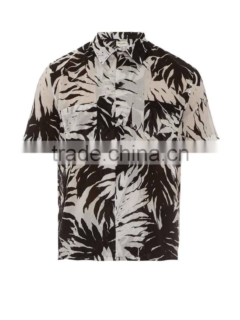 Palm leaf print short sleeved shirt with chest pocket