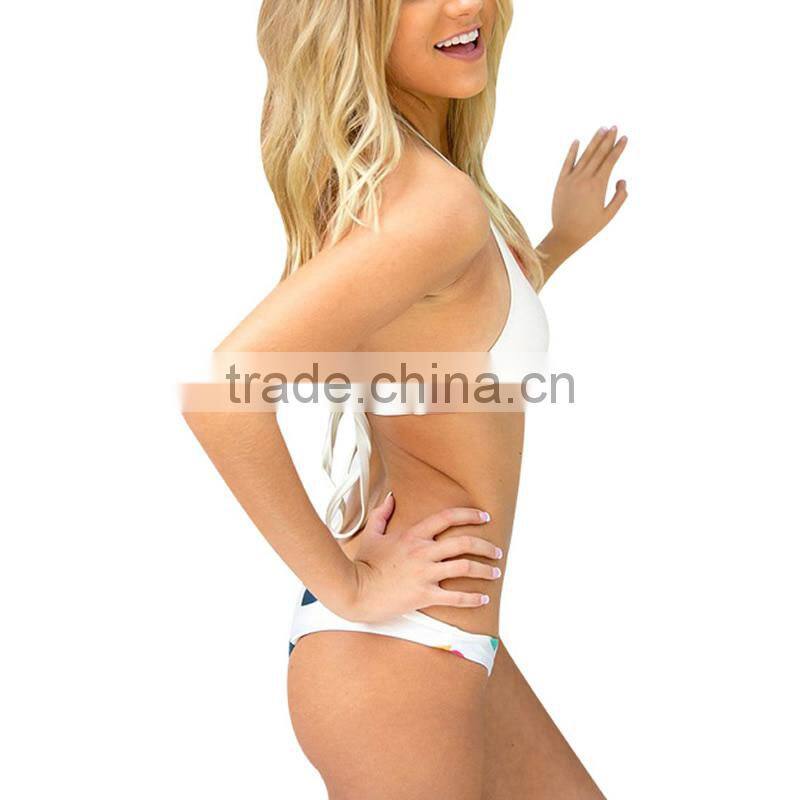 Polyester Bikini flexible backless two piece padded printed heart pattern white Sold By Set