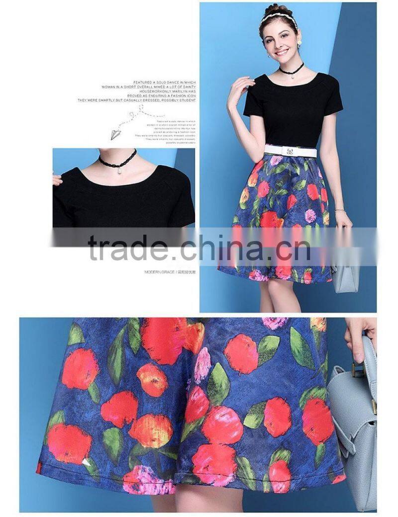 2016 little fresh knitted top and floral chiffon short sleeve A-line dress with waist belt