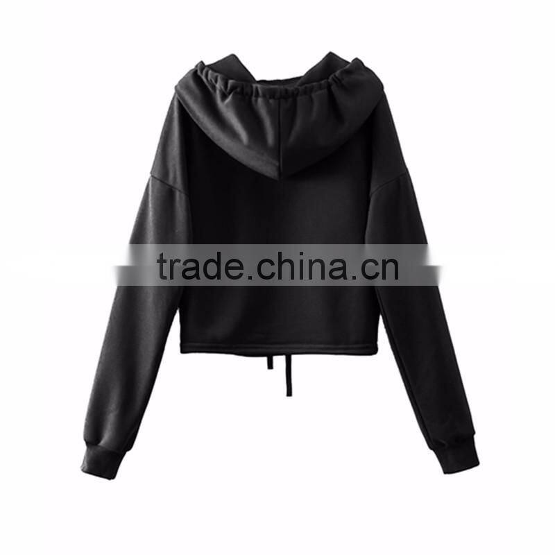 Fashion Black Long Sleeve Drawstring Wide Hood Cropped Hoodies for Girls