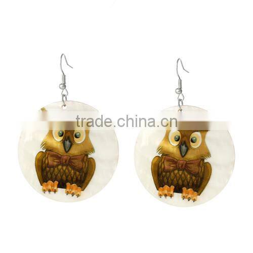 Silver Tone Hook Round Yellow Halloween Owl Fashion Shell Dangle Earrings 6.5cmx4.5cm